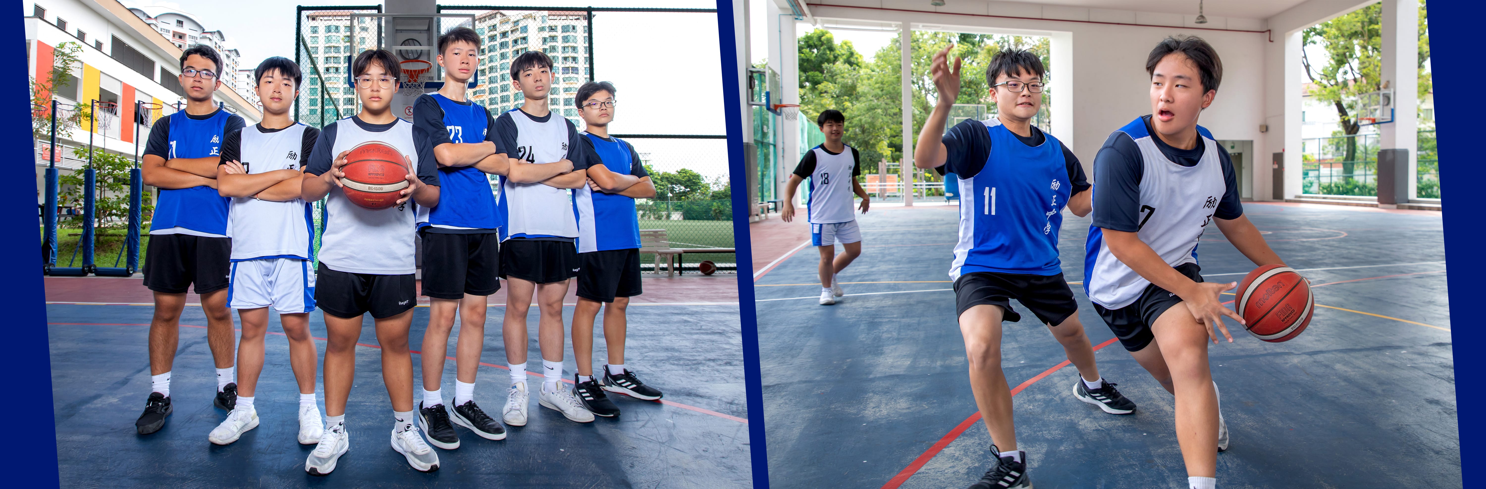 Six boys in blue jerseys pose on a court, while two others play basketball in an outdoor covered court.